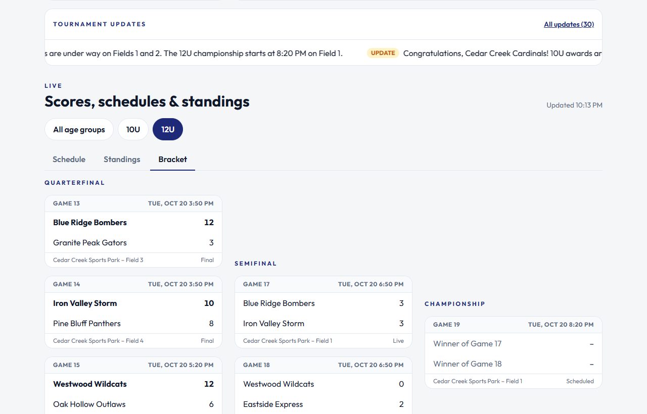 The live demo: tournament updates and a bracket with the semifinals being played.