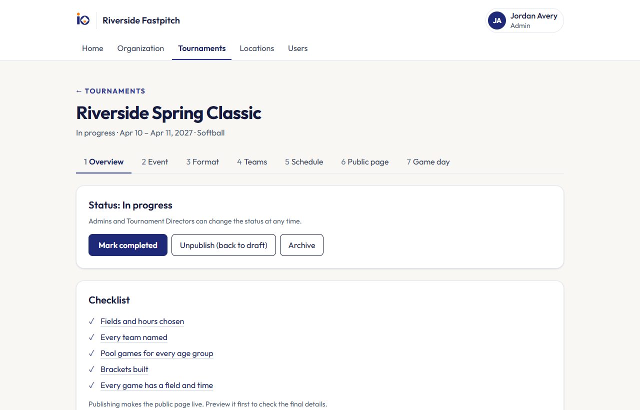 A tournament's Overview tab with its status and a checklist where every item is done.