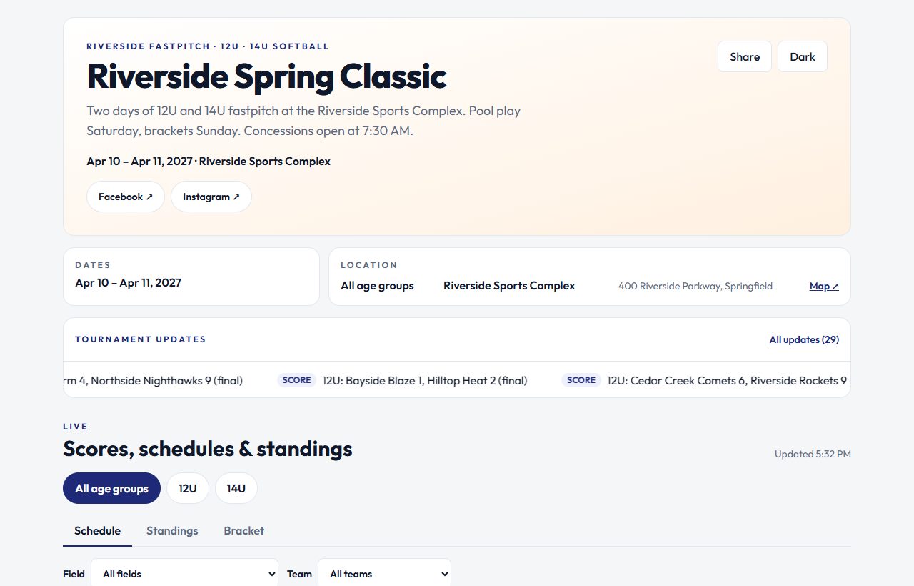 A tournament's live public page: tournament details, location, a ticker of final scores, and the schedule.