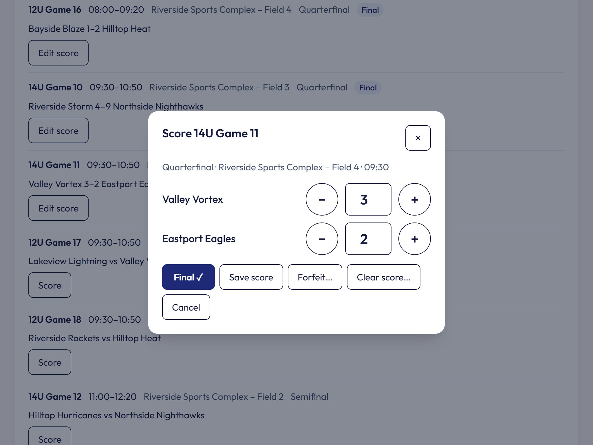 Scoring a quarterfinal on an iPad: plus and minus buttons for each team and a Final button.